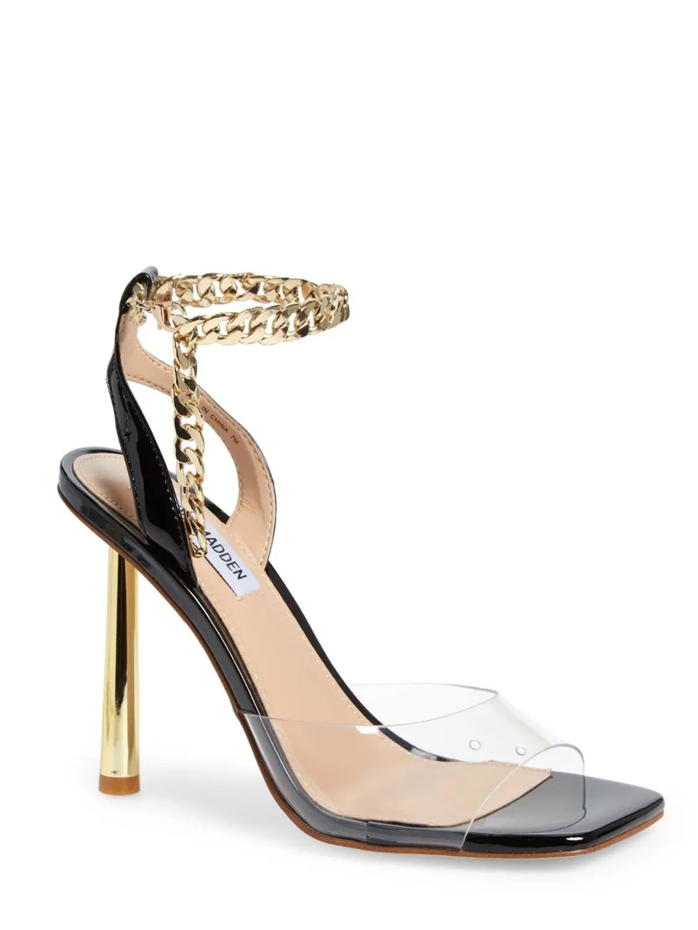 Steve Madden Black Patent and Gold Chain Ankle-Strap Stiletto Sandal